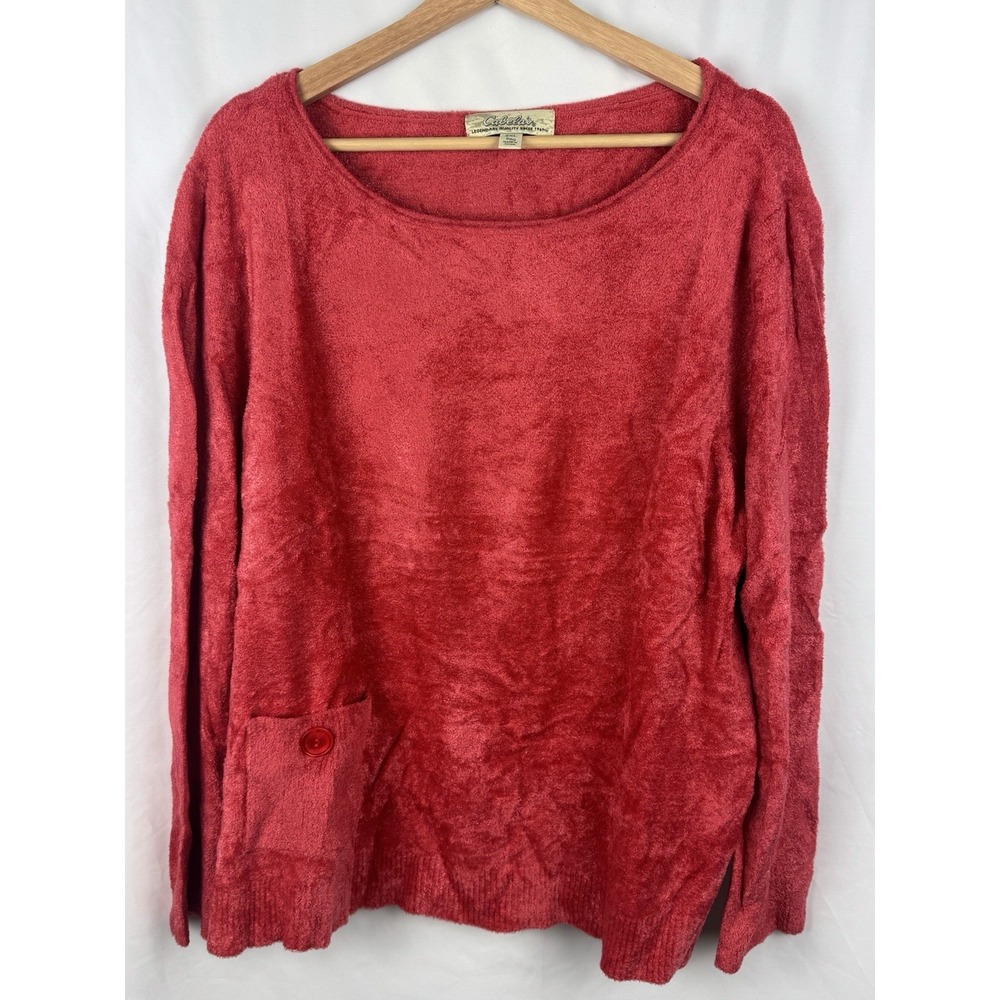 Cabelas Red Chenille Knit Sweater Long Sleeve Scoop Neck Pocket Womens 2XL